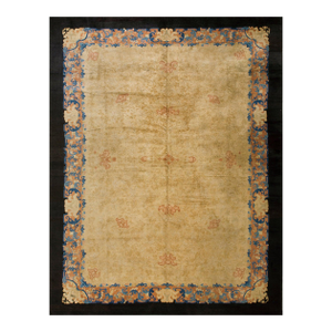 Extraordinary Beige Open Field and Colorful Border With Allover-Floral Design Antique Chinese Peking Rug
