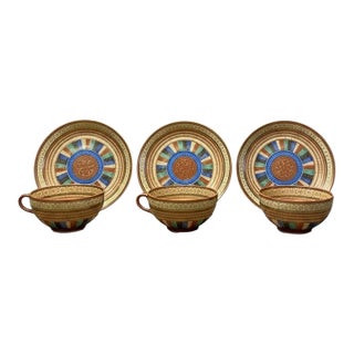 Antique Japanese 1000 Faces Porcelain Tea Cups & Saucers-Set of 3-Art Deco-Asian For Sale