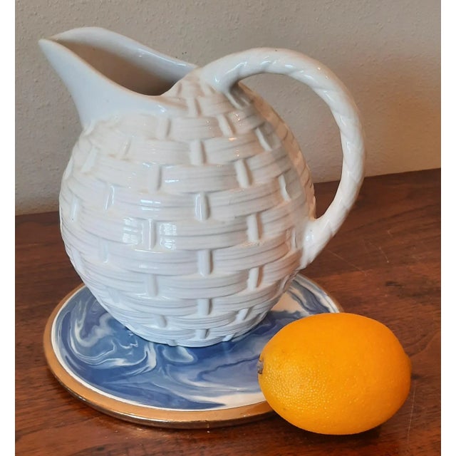 Vintage Blue White Swirl Pottery Gold Rim Trivet For Sale - Image 4 of 8