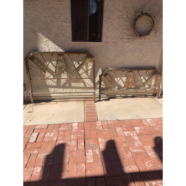 Fine French Art Deco Brass Bed. With side rails. Fits a full mattress. Crane decoration.