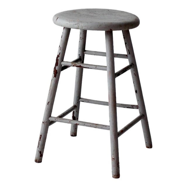 Antique Gray Painted Wood Stool For Sale