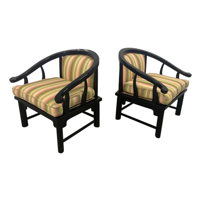 Mid 20th Century Black Frame Asian Ming Style Horseshoe Armchairs, a Pair, by Century Furniture, in the Style of James Mont For Sale