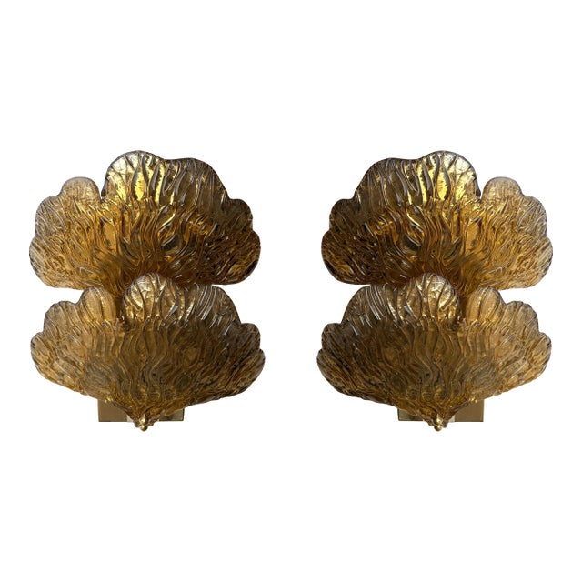 Contemporary Brass and Gold Murano Glass Palm Sconces, Italy - a Pair For Sale