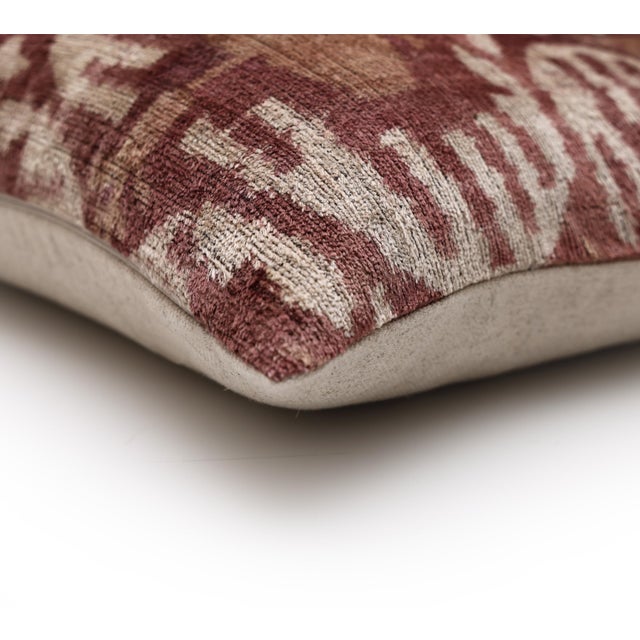 Textile Luxury Handwoven Silk Velvet Throw Pillow 20x20 Inch Burgundy Ikat Pattern For Sale - Image 7 of 8