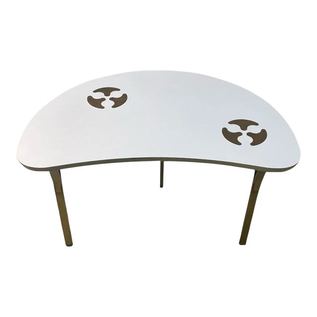 Mid Century Biomorphic White Laminate & Brass Inlay Table For Sale