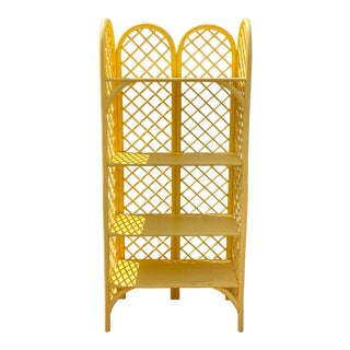 Vintage Boho Chic Yellow Lattice Bamboo Shelving For Sale