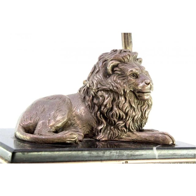 Silver Inkwell with Lion Figure and Pen on Marble and Silver Base with Claw-Shaped Feet For Sale - Image 6 of 9