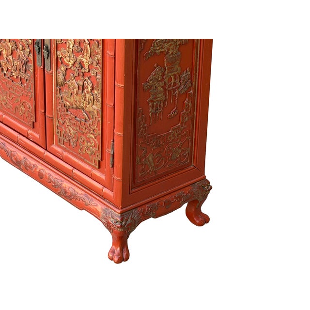 Oriental Red Matte Golden Relief Carving Small Cabinet Chest For Sale - Image 9 of 13