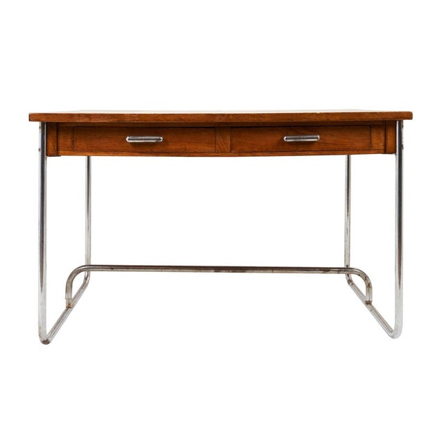 1930s Schumacher French Tubular Oak & Chrome Desk with Drawers For Sale In New York - Image 6 of 6