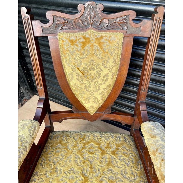 Wood Victorian Oak Shield-Back Armchair – Antique Upholstered Library / Occasional Chair With Carved Detail & Castors For Sale - Image 7 of 9