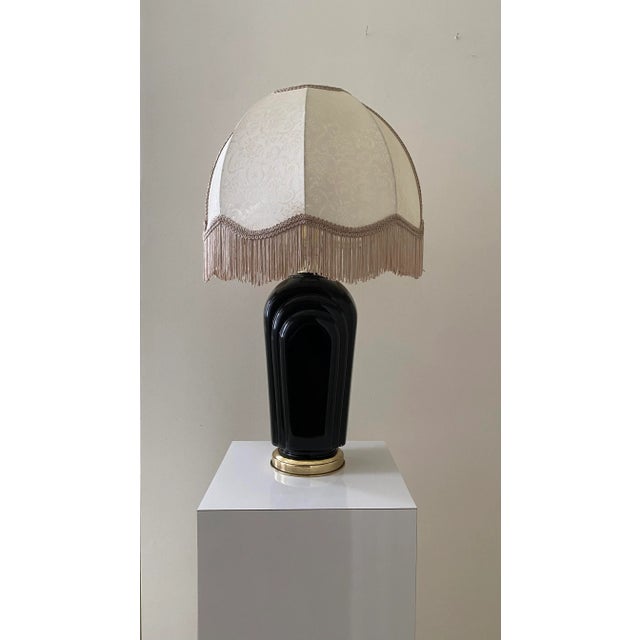 Vintage Art Deco Nouveau Black Table Lamp With Fringe Shade