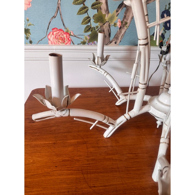 Late 20th Century Midcentury White Faux Bamboo Pagoda Tole Chandelier For Sale - Image 5 of 12