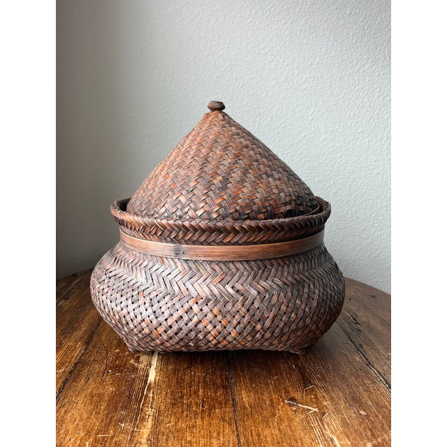1950s Vintage Asian Woven Rattan and Bamboo Basket With Hat-Shaped Cover/Lid For Sale - Image 11 of 11