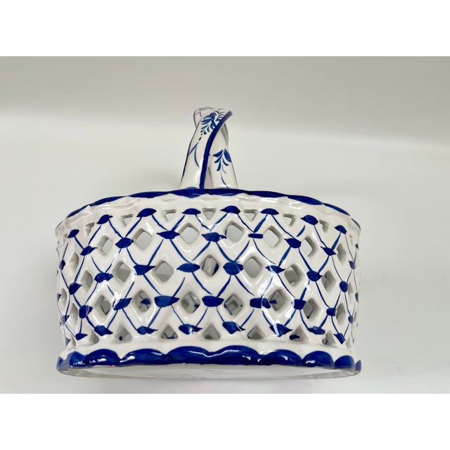 Large Vintage European Blue & White Pierced Centerpiece Basket For Sale - Image 9 of 9