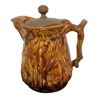 Antique Rockingham Majolica Pitcher With Oak Leaf & Crain Relief Complete With Original Wood Lid For Sale