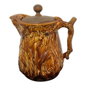 Antique Rockingham Majolica Pitcher With Oak Leaf & Crain Relief Complete With Original Wood Lid