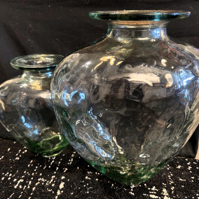 Vintage Statement Hand-Blown Recycled Glass Dimpled Vessels Spain - Pair (14.25" / 11.5") For Sale - Image 11 of 18