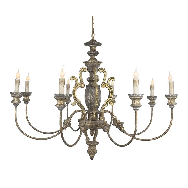 8-Light Carved Wood Chandelier For Sale