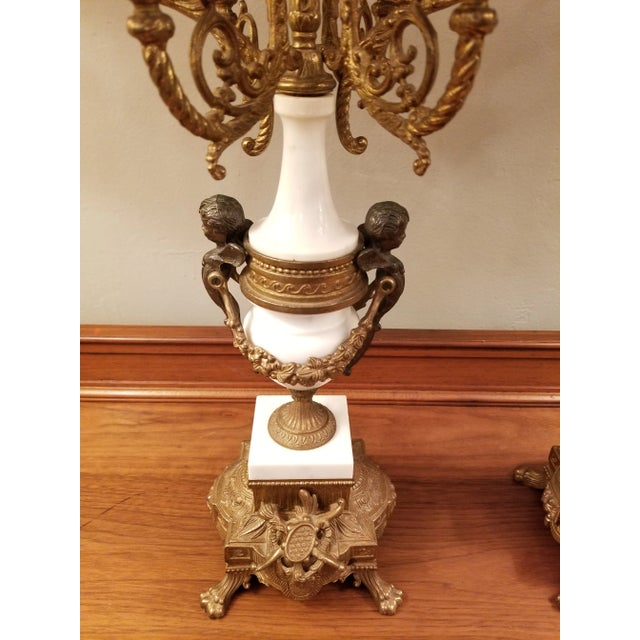 Vintage Italian Pair of 7-Light Gilt Bronze & Marble Figural Cherub Candelabras For Sale - Image 11 of 18