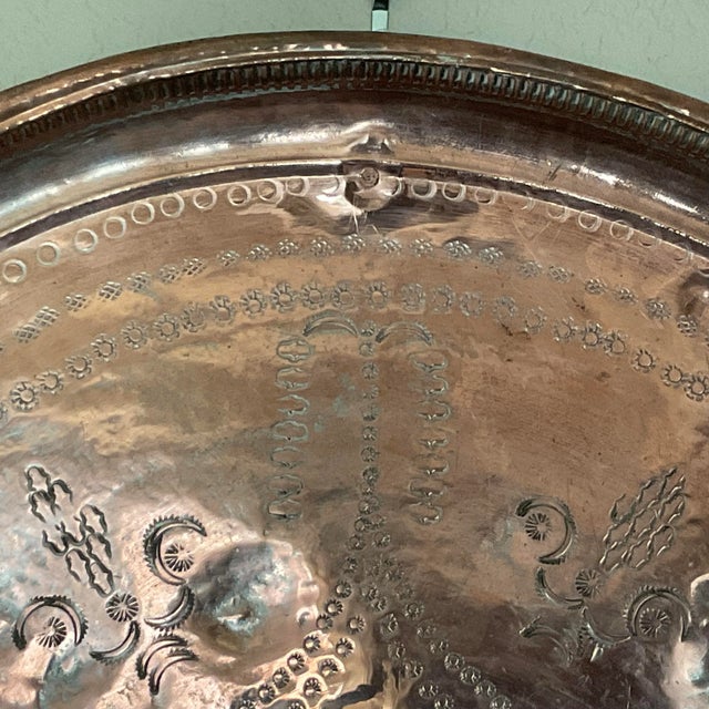 Large Late 20th Century Turkish Cooper Tray Stamped Engraved For Sale - Image 6 of 12
