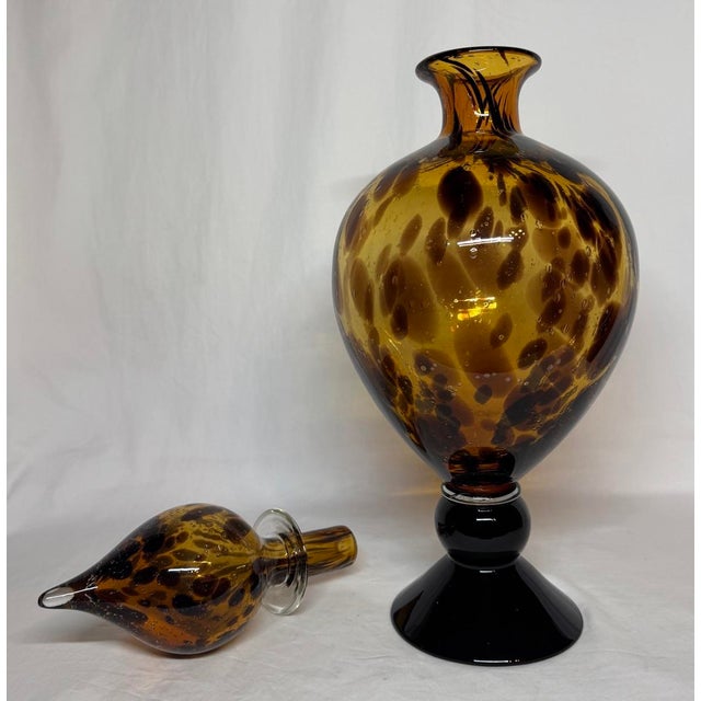 Late 20th Century Late 20th Century Large 21” Tortoise Shell Pattern Glass Pedestal Jar With Teardrop Stopper For Sale - Image 5 of 9