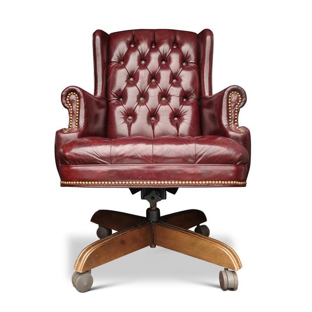 20th Century Button Back Chesterfield Revolving Desk Chair with Polished Burgundy Red Leather Upholstery with Tilt Action...