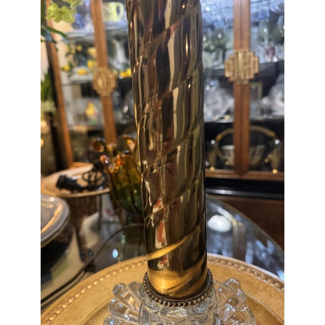 Brass 1920's French Crystal/ Brass Tall Columnar Swirl "Bambous" Table Lamp by Baccarat For Sale - Image 8 of 12
