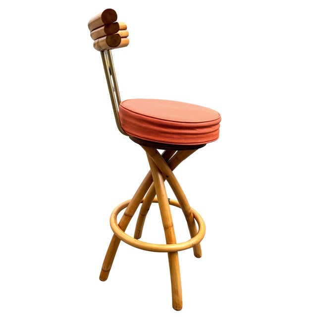Restored Pair of 1940s Rattan Barstools With Spiral Legs and Orange Cushions For Sale - Image 4 of 8