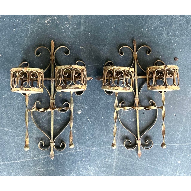 Vintage Boho Distressed Wrought Iron Candle Sconces- A Pair For Sale - Image 10 of 12