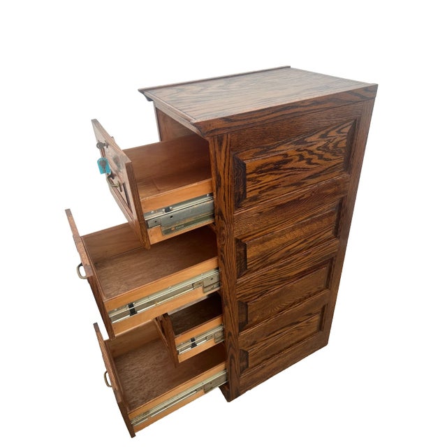 Vintage Tiger Oak File Cabinet Four Drawers One Locks Paneled Sides Legal Size For Sale - Image 4 of 12