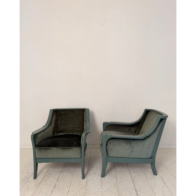Mid-Century Modern French Lounge Chairs in Green Velvet and Lacquered Wood, 1950, Set of 2 For Sale - Image 9 of 17
