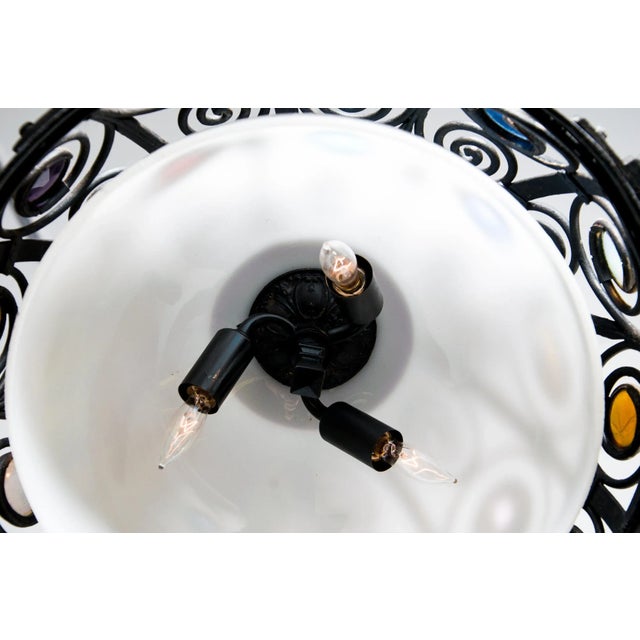 Mid 20th Century Mid 20th Century Wrought Iron and Colored Glass Jeweled Chandelier For Sale - Image 5 of 7