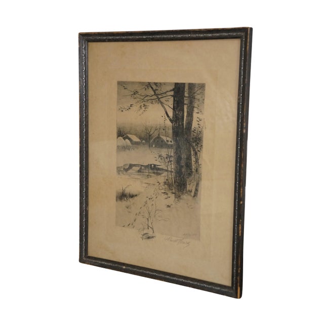 American Antique 1887 Henry Pruett Share Signed Winter Farm Landscape Etching 20", Framed For Sale - Image 3 of 11