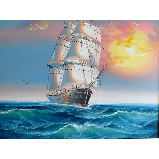 Original Marine Oil Painting Tall Ship on Open Sea Nautical Seascape Gold Frame For Sale In Jacksonville, FL - Image 6 of 11