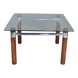 Vintage Mid Century Modern to Modern Cylindrical Oak Legged Chrome & Glass Square End Table For Sale