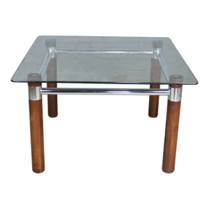 Vintage Mid Century Modern to Modern Cylindrical Oak Legged Chrome & Glass Square End Table