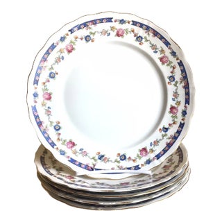 Antique Set of 5 Furstenberg Germany Blue Pink Floral Gold Dinner Plates For Sale