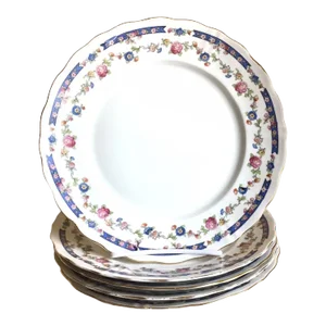 Antique Set of 5 Furstenberg Germany Blue Pink Floral Gold Dinner Plates