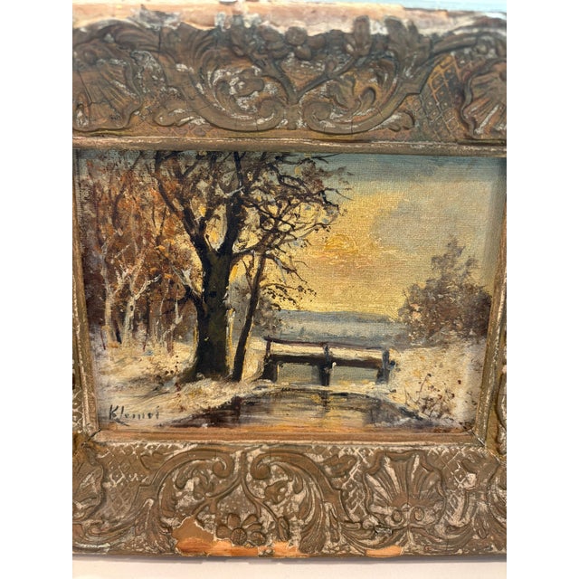 Mid 20th Century Vintage Mini Oil Wood Landscape Paintings in Distressed Ornate Wood Frames – Set of Three For Sale - Image 5 of 16