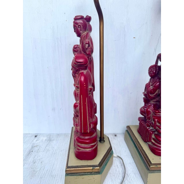 Red Fine Antique Carved Wood Chinese Immortals Fisherman and Deity Cinnabar Style Finish Pair Lamps For Sale - Image 8 of 12