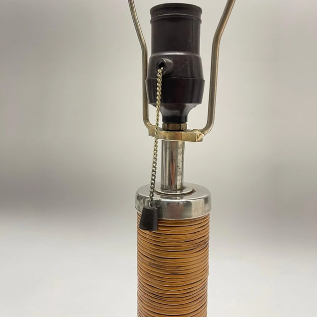 Wood 1970s Mid-Century Wicker Rattan and Chrome Table Lamp For Sale - Image 7 of 12