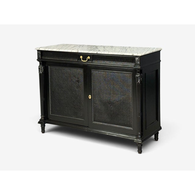 Wood Hollywood Regency Style, Buffets, Black Painted Wood, Marble, France, 1940s For Sale - Image 7 of 18
