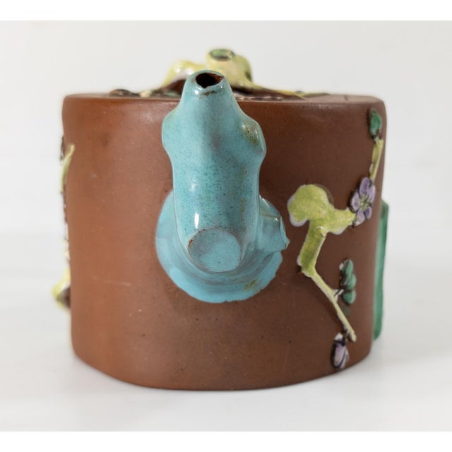 Mid-Century Chinese Yixing Zisha Bamboo Form Teapot With Enamel Decoration For Sale - Image 4 of 14