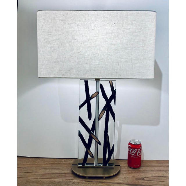 Original retail $1305, stylish Revelation Organic Modern Acrylic Stick With It Table Lamp, white fabric shade, antique...