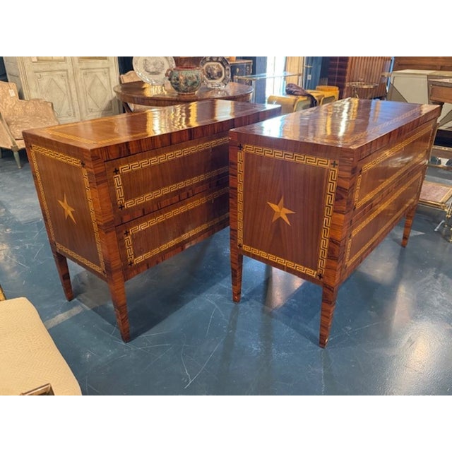 Pair of Italian Walnut Commodes With Inlaid Greek Key Pattern For Sale In Dallas - Image 6 of 6