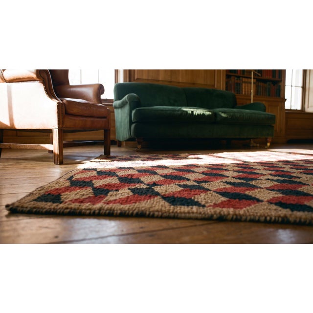 Small Size Happy Red Blue and Tan Color Geometric Tumbling Block Pattern Antique Early 20th Century American Hooked Folk Art Rug For Sale - Image 12 of 13