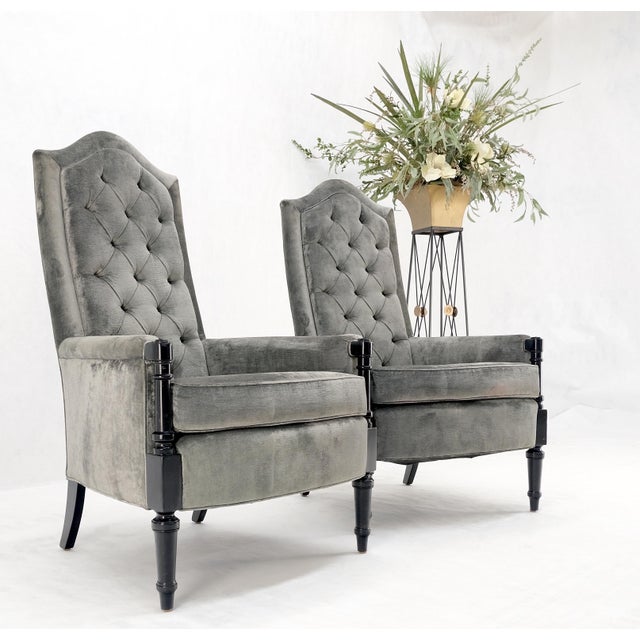 Wood Pair of Tall Tufted Backs Black Lacquer Frames Decorative Arm Chairs Thrones For Sale - Image 7 of 16