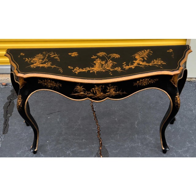 1960s Italian Black & Gilt Chinoiserie French Louis XV Style Console Table For Sale - Image 4 of 5