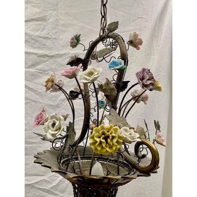 Small French Cast Brass Basket Light With Original Porcelain Flowers. For Sale - Image 11 of 13