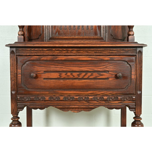 Berkey & Gay Style Antique English Jacobean Carved Oak Bar Cabinet, Circa 1920s For Sale - Image 11 of 16